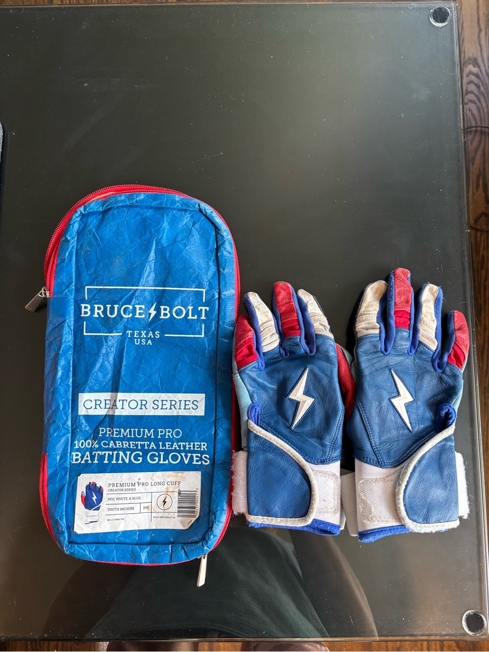 Bruce Bolt Youth Creator Series Premium Pro Batting Gloves - Blue/Red/White - Picture 2 of 7